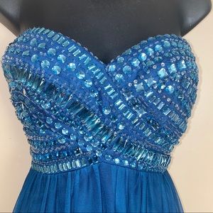 Floor Length Blue Jeweled Ombré Prom Party Gown